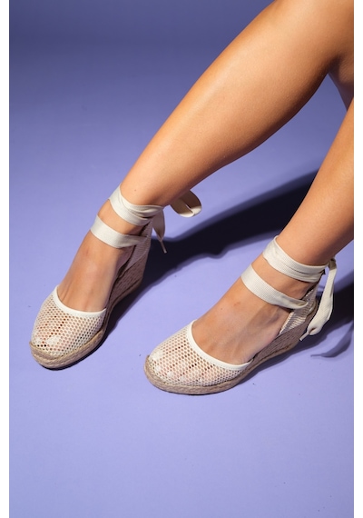 Luvishoes Luvi Shoes Lıons Bej Fileli Deri Kadın Bilekten Bağlamalı Dolgu Topuk Sandalet Bej