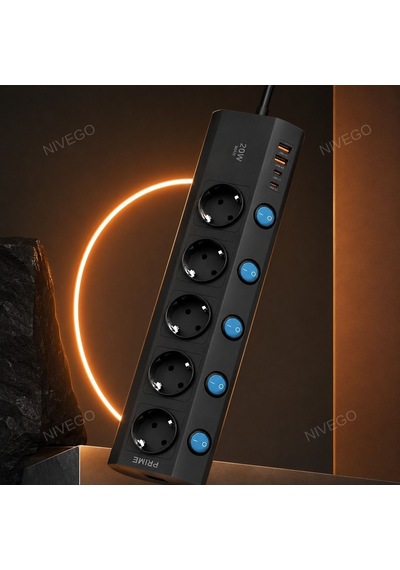 Nvg Pd20c Akım Korumalı 5'li Priz 2m Kablolu 2 Usb + 2 Type-c Usb-c Çoklu Priz Anahtarlı Ftr-28 Masaüstü Priz 0 - 2 M