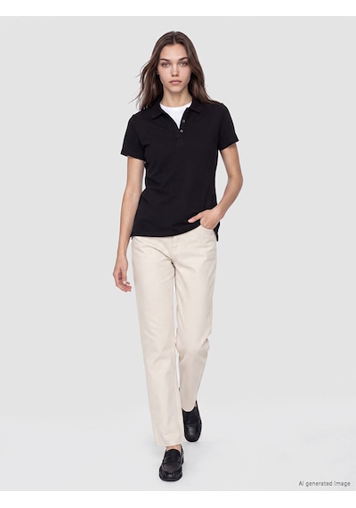Lcw Comfort Siyah Polo Yaka Kadın Pike Tişört