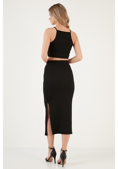 Lela Slim Fit Ip Askılı Yırtmaçlı Bayan Takım 5865278 Siyah