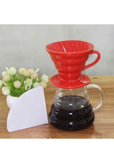 Seramik Kahve Dripper - Porselen Kahve Demleyici Ve Aleti - No: 2 - Kırmızı Hario V60 Benzeri