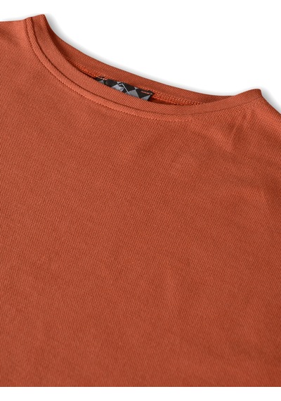 Kiremit Bisiklet Yaka Rahat Kalıp Yarasa Kol Pike Kadın Crop T-shirt KIREMIT