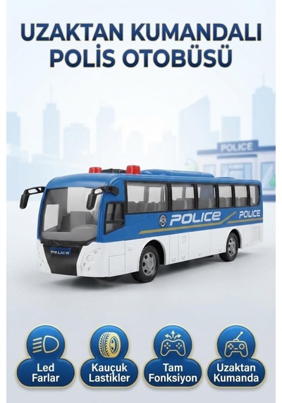 Led Farlı 4 Fonksiyonlu Uzaktan Kumandalı 1:30 Ölçekli Gerçekçi Tasarımlı Oyuncak Polis Otobüsü Çok Renkli
