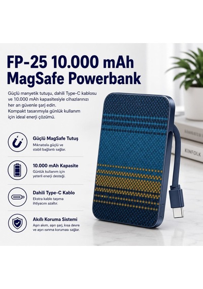 Fp-25 10.000 Mah Dahili Magsafe Type-c Kablolu Powerbank Karbon Desenli Taşınabilir Şarj Cihazı-1660 BEYAZ