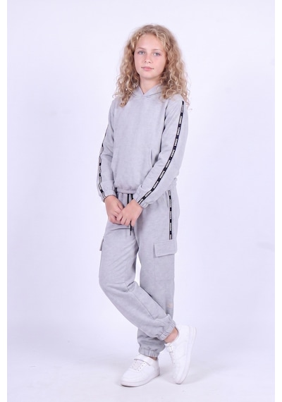 Panios Kids Kız Çocuk Kapüşonlu Şerit Detaylı Kargo Cepli Kapüşonlu Eşofman Takımı Gri