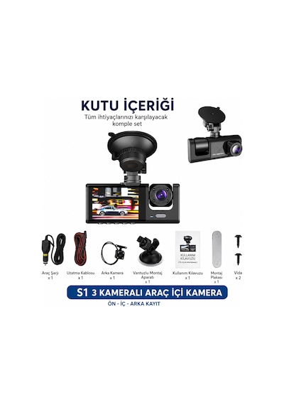 Bagajon C309 3 Kameralı Araç İçi Kamera Full Hd 1080p Ön İç Arka Kamera Gece Görüşlü 150 Geniş Açı G-sensör Döngü Kayıt Dash Cam