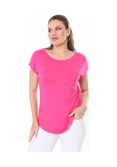 Şans Kadın Büyük Beden Neon Pembe Bisiklet Yakalı Düşük Kollu Bluz 65n37706-neon Pembe Neon Pembe