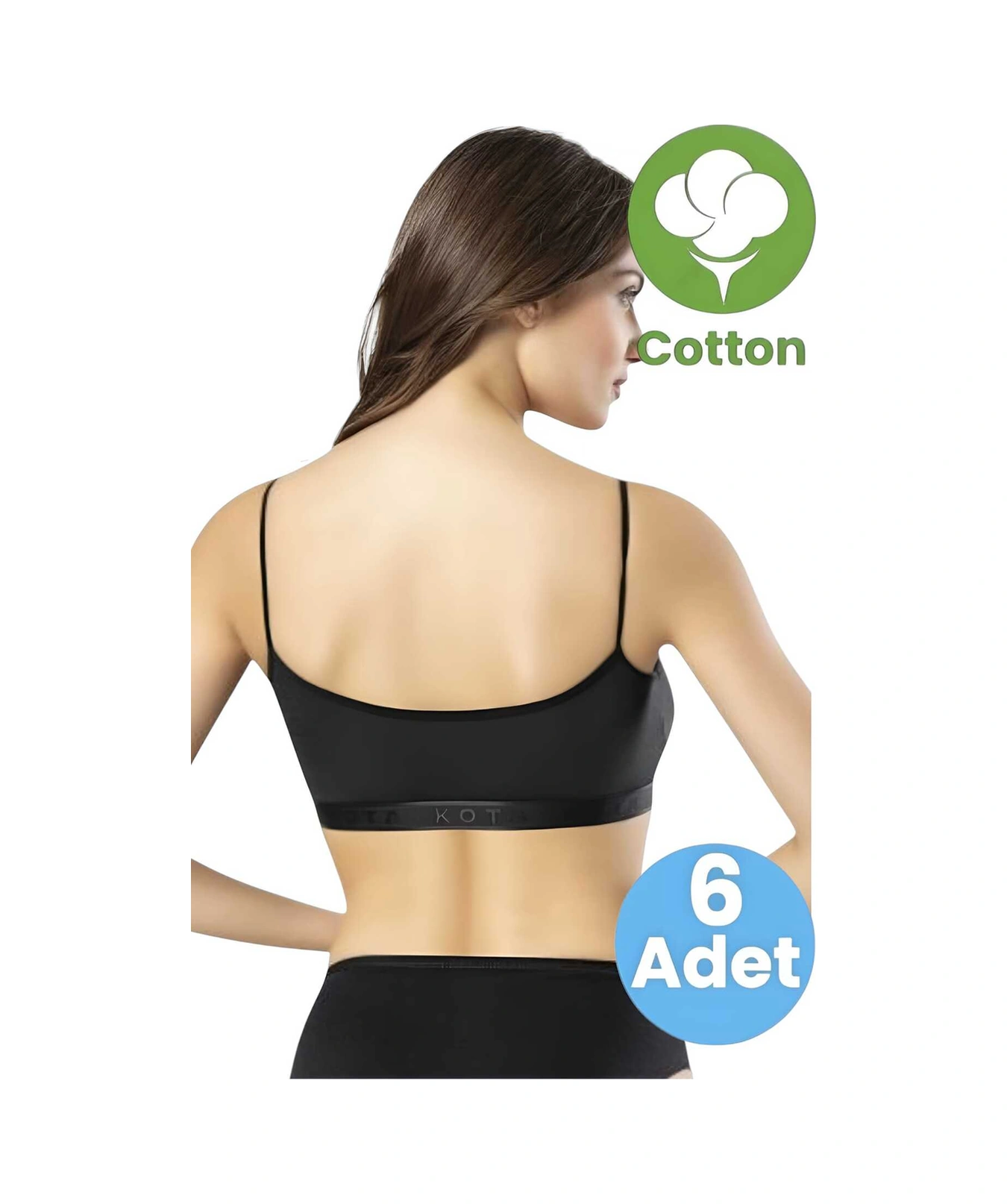 Tezzgelsin Kadın 6'lı İp Askılı Penye Kaşkorse Kumaş Pedli Crop Büstiyer Sütyen Siyah