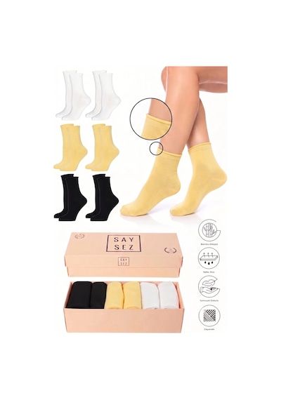 Saysez Bambu Kadın Lastiksiz Siyah-beyaz-sarı Soket Dikişsiz Premium Çorap Kutulu 6'lı / İz Bırakmaz / Sıkmayan Çorap Çok Renkli