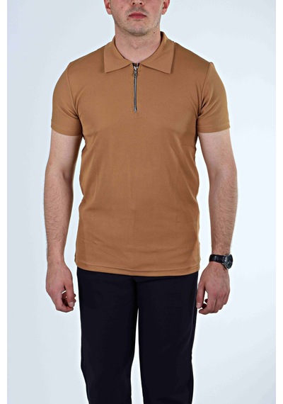 Eg38 Yarım Fermuar Polo Yaka Tşört Taba Taba
