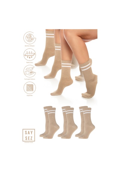 Saysez Bambu Unisex Tenis Kolej Çizgili Premium Bej Vizon Dikişsiz Soket Çorap 3'lü Paket Bej