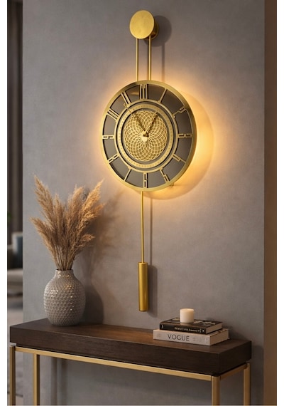 Metaquartz Aksesuar Pendulum Saat - Premium Gold Chakra Dizayn - Ledli Metal Duvar Saati Sarı