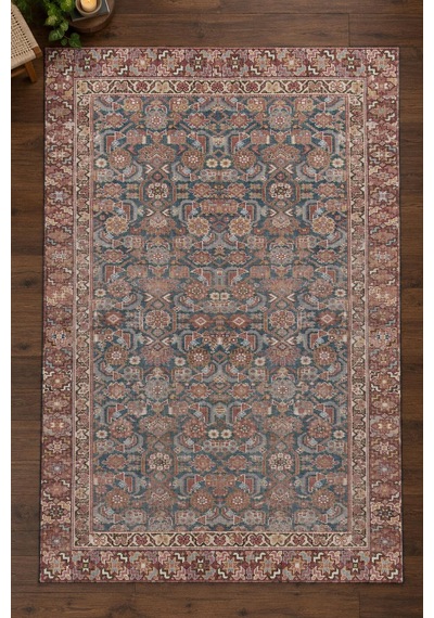 Artloop İstanbul Mavi Bordo Oryantal Vintage Desenli Dokuma Tabanlı Şönil Halı Al 634 Mavi-bordo
