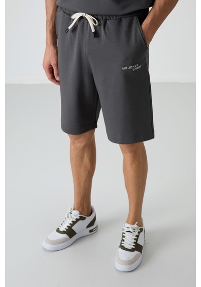 Haki Pamuklu Kalın Yumuşak Dokulu Oversize Fit Nakışlı Erkek Şort Takım - 85250