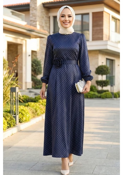 Hb Harma Time Butik Kadın İnci Detaylı Kuşaklı Lacivert Saten Elbise
