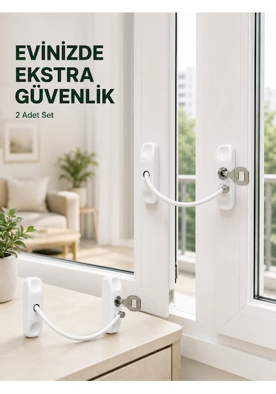 Çocuk Güvenliği İçin Kablolu Pencere Kilidi Anahtarlı Emniyet Aparatı 2 Adet Beyaz