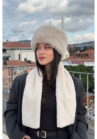 Mollycrush Peluş Rus Tarzı Kalpak Atkı 2'li Set Kadın Kışlık Suni Bej 2'li Takım Bej