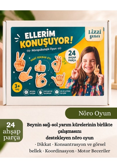 Ahşap Eğitici Ellerim Konuşuyor Nöropsikolojik Dikkat Koordinasyon Oyunu 24 Parça