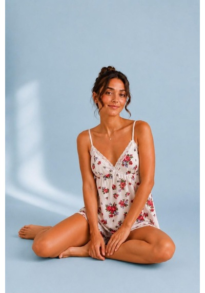 Bella Notte Çiçek Desenli Dantel Detaylı Pijama Takımı Beyaz