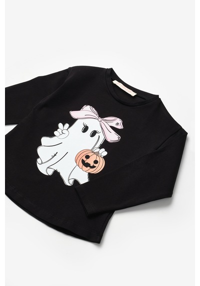 Le Mabelle Siyah Sevimli Hayalet Baskılı Uzun Kollu Halloween Kız Çocuk Tişört Siyah