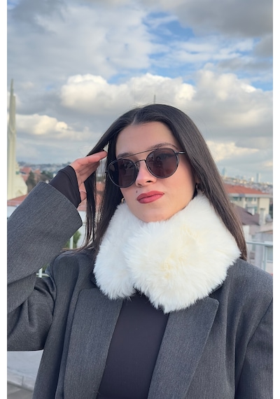Mollycrush Suni Kürk Yumuşak Boyunluk Premium Mıktanıslı Kışlık Kadın Beyaz Peluş Boyunluk Beyaz