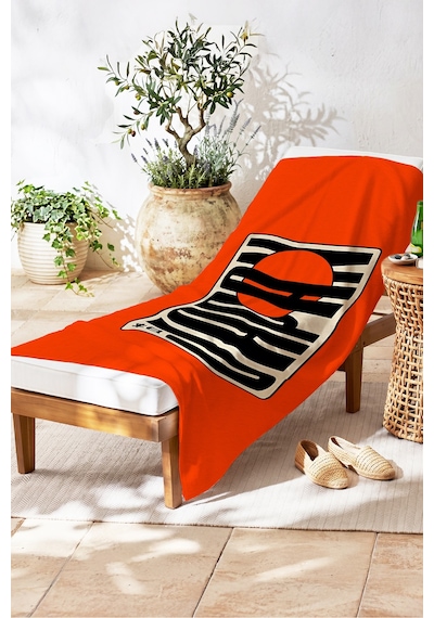 Turuncu Grafik Güneş Plaj Havlusu - Retro Japon Esintili Minimalist Hızlı Kuruyan Mikrofiber Havlu Mat Defne