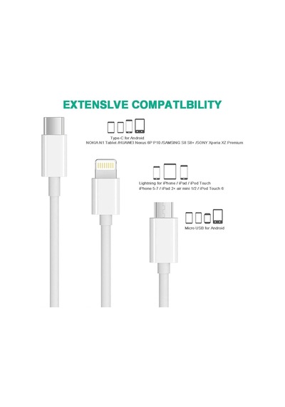 5103 Micro Usb Type C Lightnin Usb Data Şarj Kablosu, Beyaz