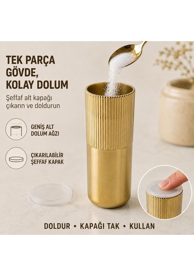 2 Li Gold Tuzluk Ve Baharatlık Seti, Şık Çizgili Mika Gövde, Masa Ve Mutfak Kullanımına Uygun Dekoratif Tuz Biber Kabı Çok Renkli