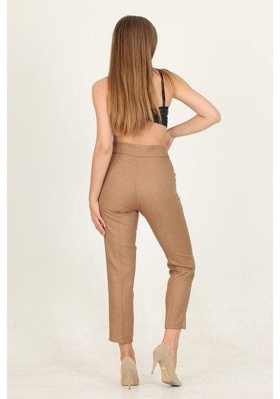 Neşeli Butik Kadın Camel Metal Kemerli Cepli Ofis Pantolon Qns028