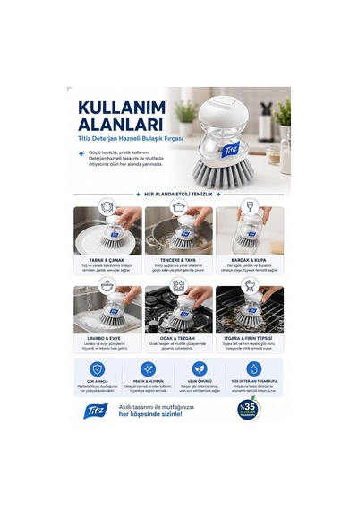 Titiz Deterjan Hazneli Bulaşık Fırçası, Basmalı Sıvı Deterjan Hazneli Mutfak Temizlik Fırçası, Ergonomik Tasarım Hijyenik Ve Uzun Ömürlü, Tencere, Tava, Tabak, Çok Amaçlı Temizlik Fırçası