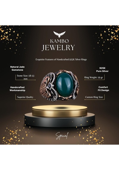 El Yapımı Doğal Jade Taş Yüzük - Huzurlu 925k Katı Gümüş Erkek Yüzüğü - Uyum Ve Refah Tasarımı Gümüş