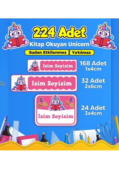 Unicorn Temalı Okul Kreş Kişiye Özel İsim Etiket Seti - Model 166 Çok Renkli