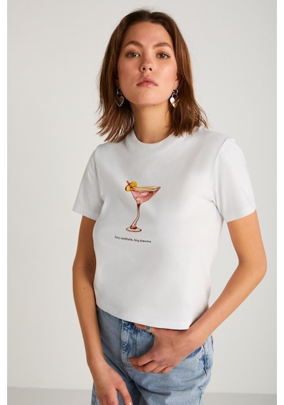 Grımelange Ivonne Kadın Cocktail Baskı Desenli Kısa Kollu Organik Pamuklu Bisiklet Yaka Crop Beyaz T-shirt