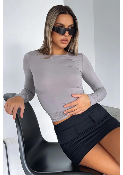 Seeh Boyalı Gri Bisiklet Yaka Basic Uzun Kollu Body Sh142