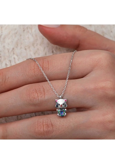 Gümüş Mistik Topaz Taşlı Sevimli Kedi Kolye Gümüş
