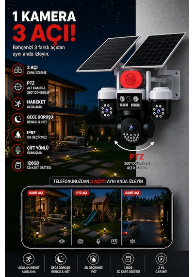 3 Kameralı Wifi 9mp Çift Solar Panelli Sürekli Kayıt Teknolojili Gece Görüşlü Güvenlik Kamerası