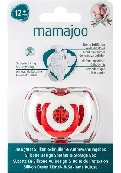 Mamajoo Saklama Kutulu Ortodontik Silikon Emzik 12+Ay Uğur Böcek Çok Renkli