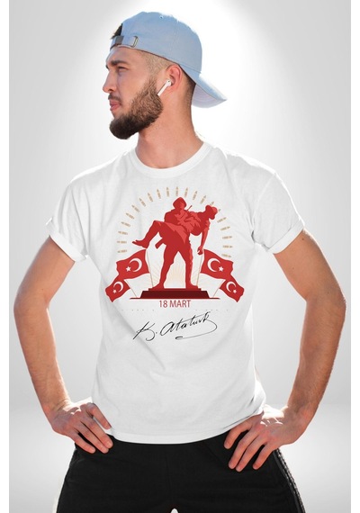 18 Mart Çanakkale Atatürk İmzası Unisex Unisex Beyaz Organik Baskılı T-shirt Penye Yüksek Kalite Beyaz