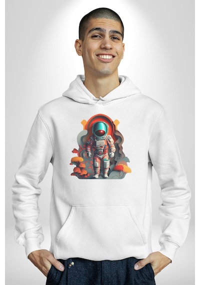Astronot Yapay Zeka Yürüyüş Kadın Erkek Beyaz Kapüşonlu Sweatshirt Hoodie Beyaz