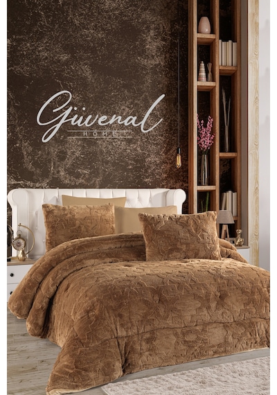 Güvenal Vome Çantalı Jakarlı Çift Taraflı Wellsoft 230 X 250 Cm Battal Boy Yorgan Seti 1 Yorgan + 2 Yastık Kılıfı Yumuşak Dokulu Kabarık Kışlık Yorgan Çeyizlik Kahverengi