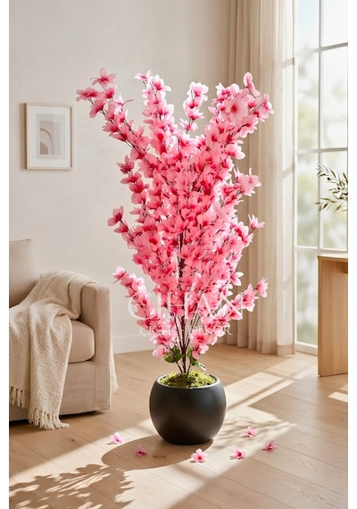 Yapay Pembe Sakura Kiraz Çiçeği Ağacı 120 Cm - Küre Plastik Saksılı 27x33 Cm Saksı Beyaz