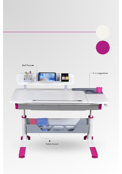 Sirius Standart Yükseklik Ve Eğim Ayarlı Çekmeceli Bilgisayar, Ofis Ve Çalışma Masası Ekru Fuşya Gri Sirius Standart Yükseklik Ve Eğim Ayarlı Çekmeceli Bilgisayar, Ofis Ve Çalışma Masası Ekru Fuşya Gri