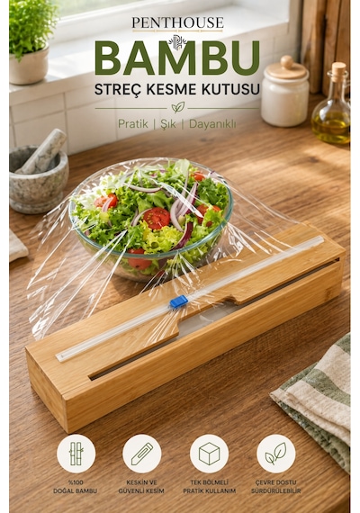 Bambu Streç Film Kesme Kutusu 33 Cm Tek Bölmeli Pratik Kullanım Alüminyum Folyo Ve Pişirme Kağıdı Uyumlu Açık Bej