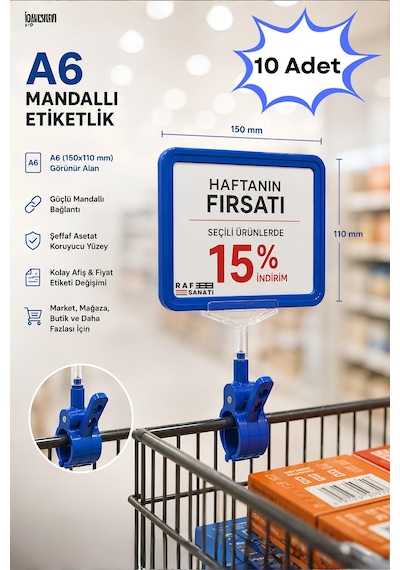 10 Adet - A6 Fiyatlık Mandallı Etiketlik Sepet Raf Askılık Fiyat Etiketi Çerçeveli Market Mağaza Mavi