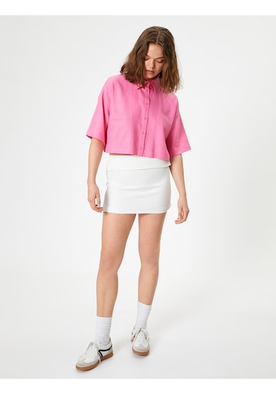 Koton Crop Keten Gömlek Dirsek Boy Kısa Kollu Cepli Rahat Kalıp Pembe 4sal60001ıw Gül