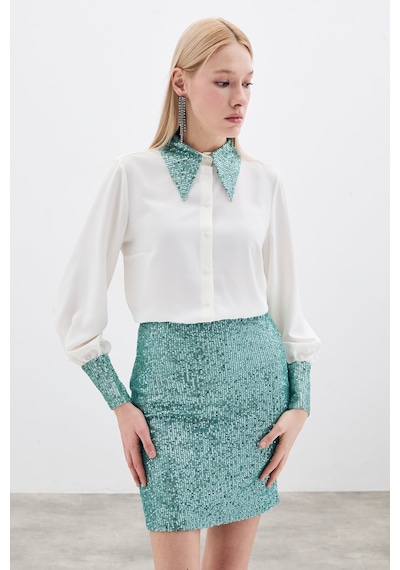 Sateen Payetli Mini Etek - Mint-135368 Mint
