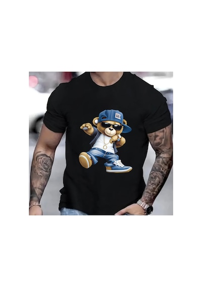 Caddemia Yaz Moda Rahat Spor Gevşek Büyük Karikatür Serin Ayı Desen Baskılı Yuvarlak Siyah 2XL Caddemia Yaz Moda Rahat Spor Gevşek Büyük Karikatür Serin Ayı Desen Baskılı Yuvarlak Siyah 2XL