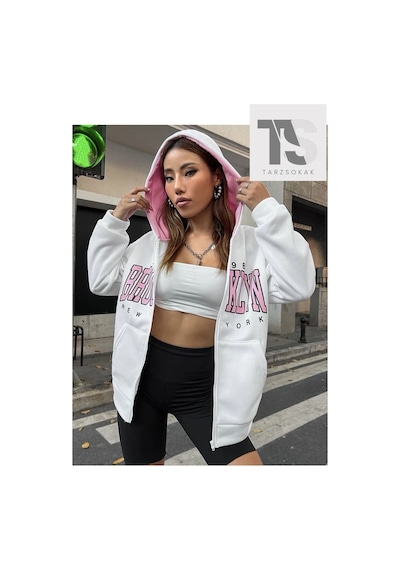 Tarzsokak Beyaz Pembe Kapüşonlu Fermuarli Brooklyn Oversize