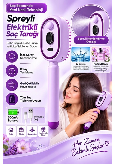 Elektrikli Spreyli Saç Tarağı 300 Mah Type C Şarjlı İnce Spreyli Antistatik Bakım Fırçası 84343181