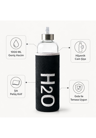 Deconox Peluş Kılıflı Cam Matara 1000 Ml, Siyah H2o Nakışlı Kılıf, Taşıma Askılı Metal Görünüml Şeffaf
